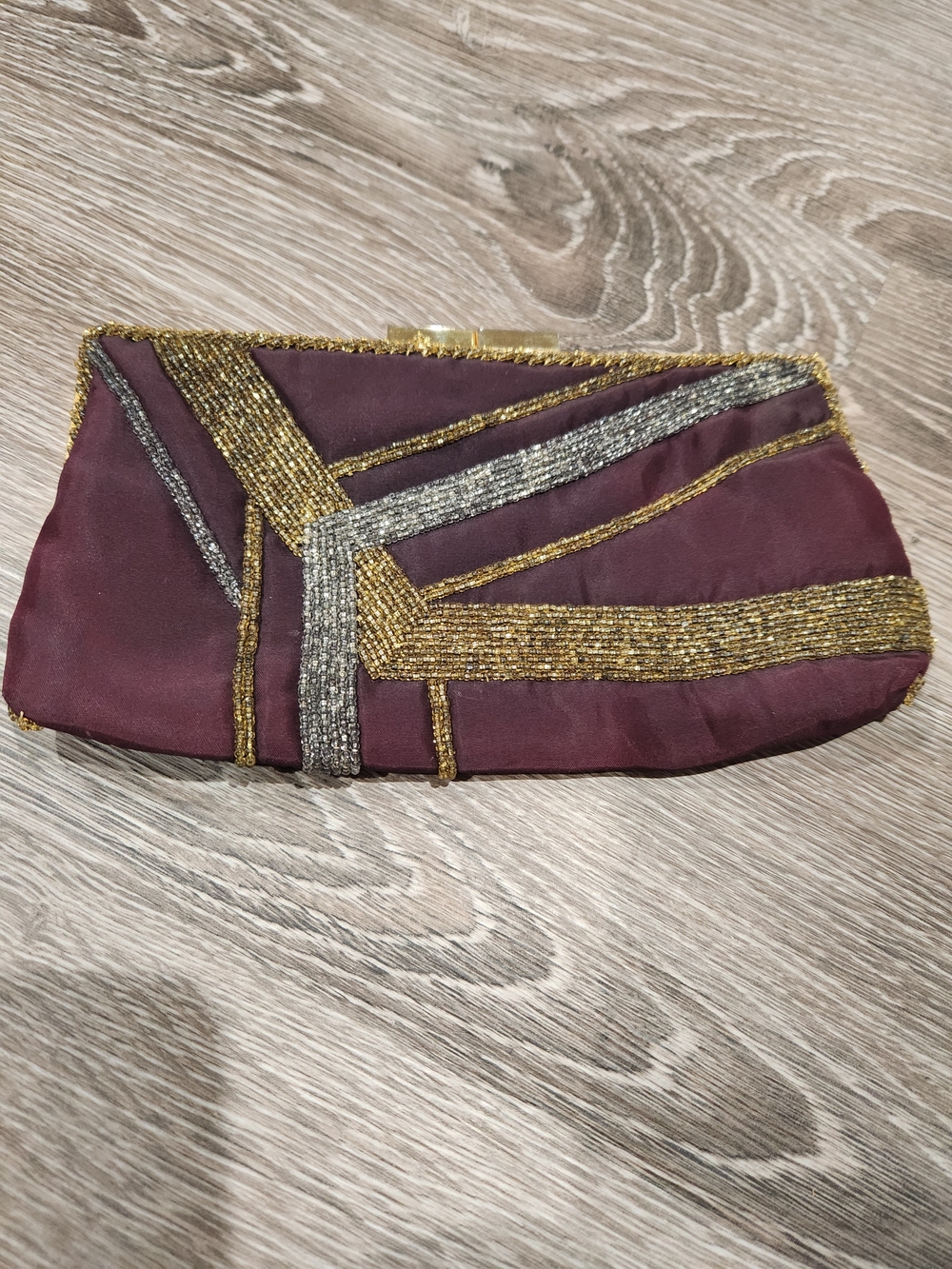 Vintage Walborg Plum Beaded Evening Clutch with Gold & Silver Accents